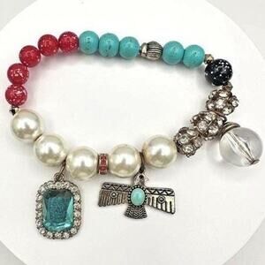 Vintage 90s Charm Stretch Bracelet Turquoise Red Beads Pearl Thunderbird Bird